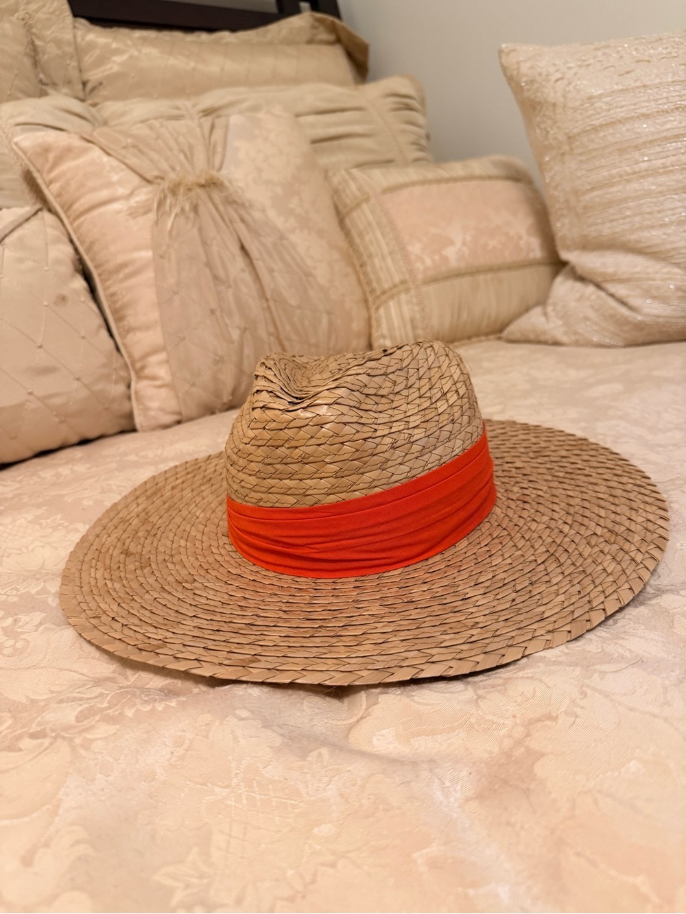 Wide-Brim Straw Sun Hat with Red Band